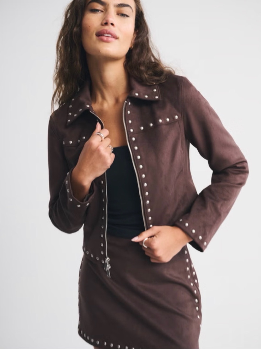 Brown Studded Suede Jacket - dual track zipper